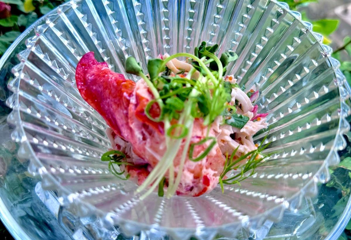 glass bowl with bright red lobster claw and garnish