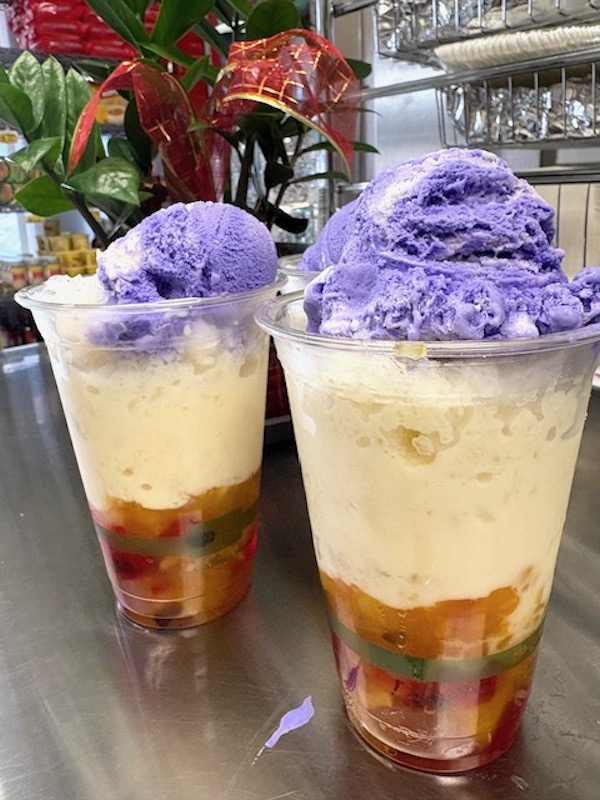 two halo halo desserts topped with purple ube ice cream