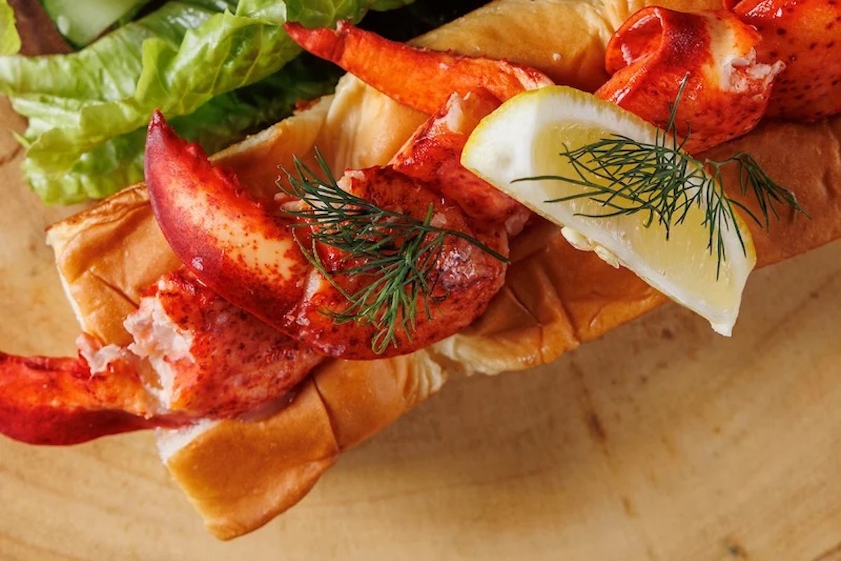 closeup of claw meat in a Lobster Roll