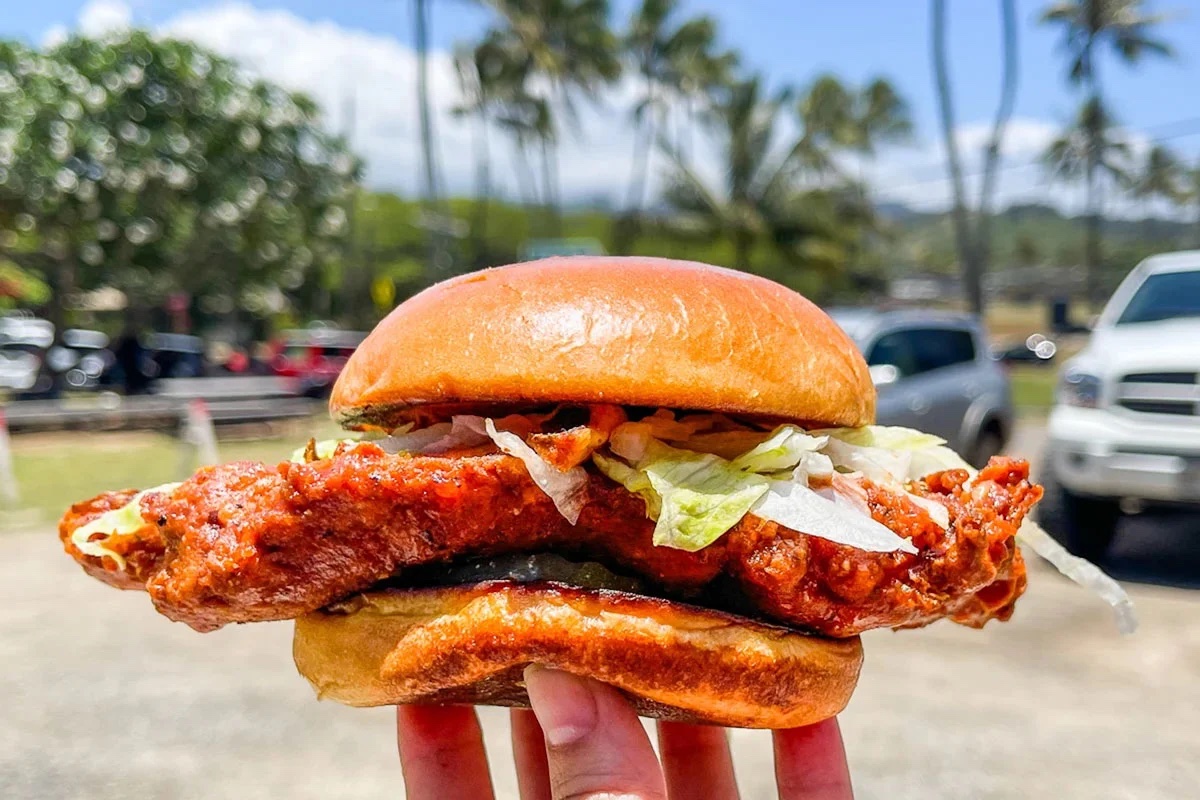 chicken sandwich with massive cutlet held aloft