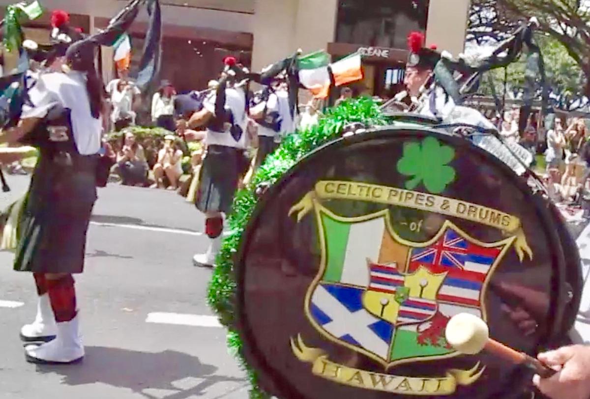 Celtic Pipes Drum band marching in a parade