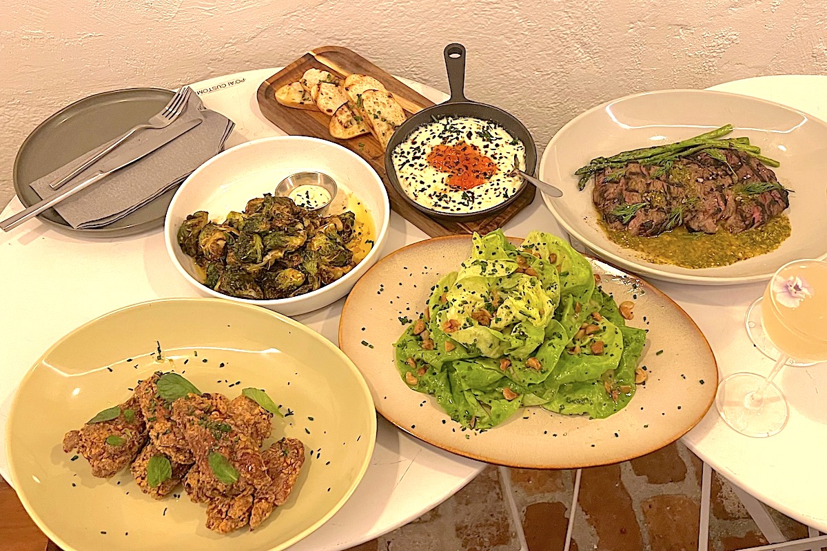 sliced ​​steak, salad and other dishes