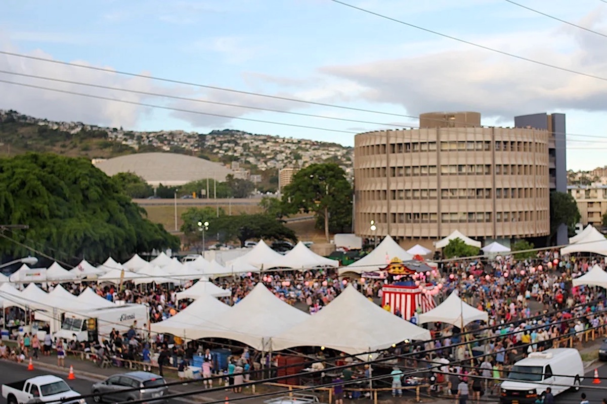 aerial view of tents at Moiliili Summer Fest