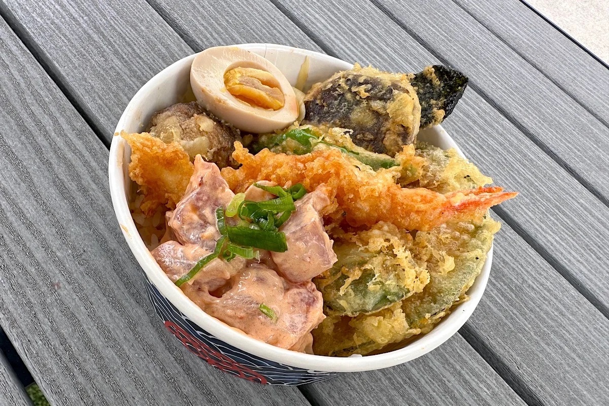 takeout bowl of tempura and poke