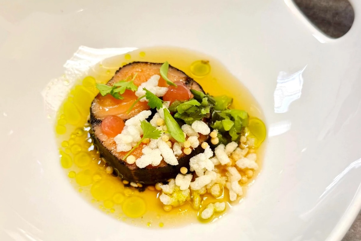 grilled salmon with sauce and puffed rice
