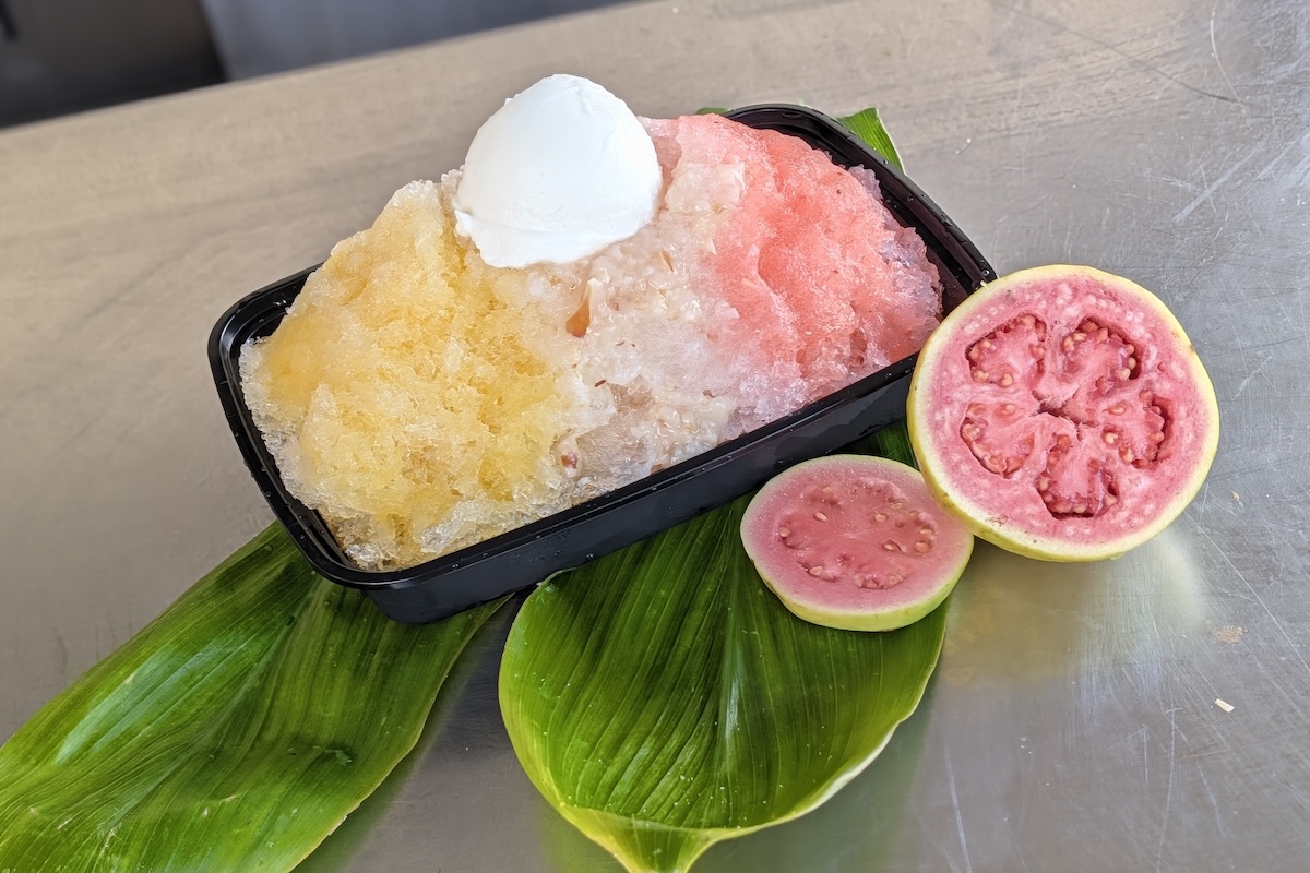 Rainbow Shave Ice with fresh pink guava slices