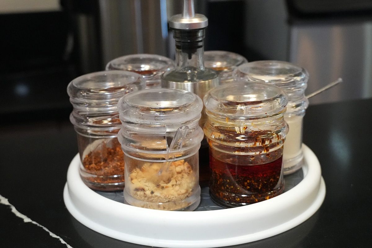 thai condiment rack on restaurant table